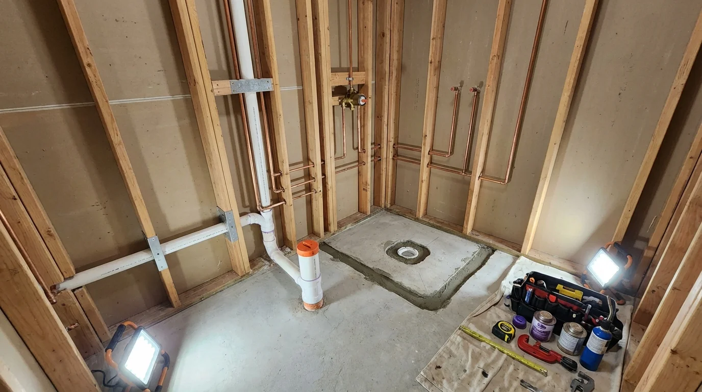 Bathroom rough-in plumbing during remodel by Johns Plumbing LLC in Crockett
