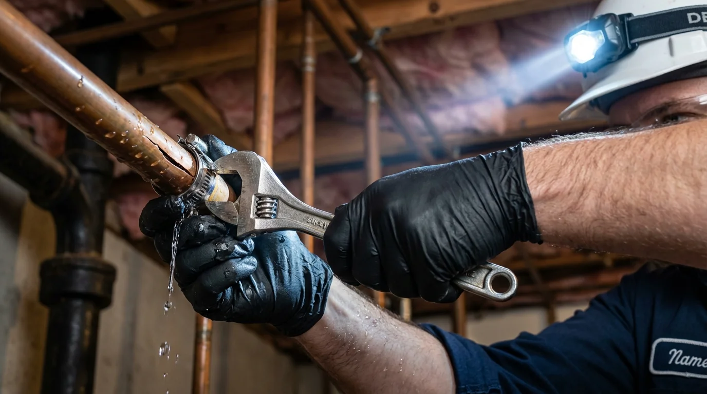 Emergency pipe clamp repair being performed by a Johns Plumbing LLC plumber in Crockett