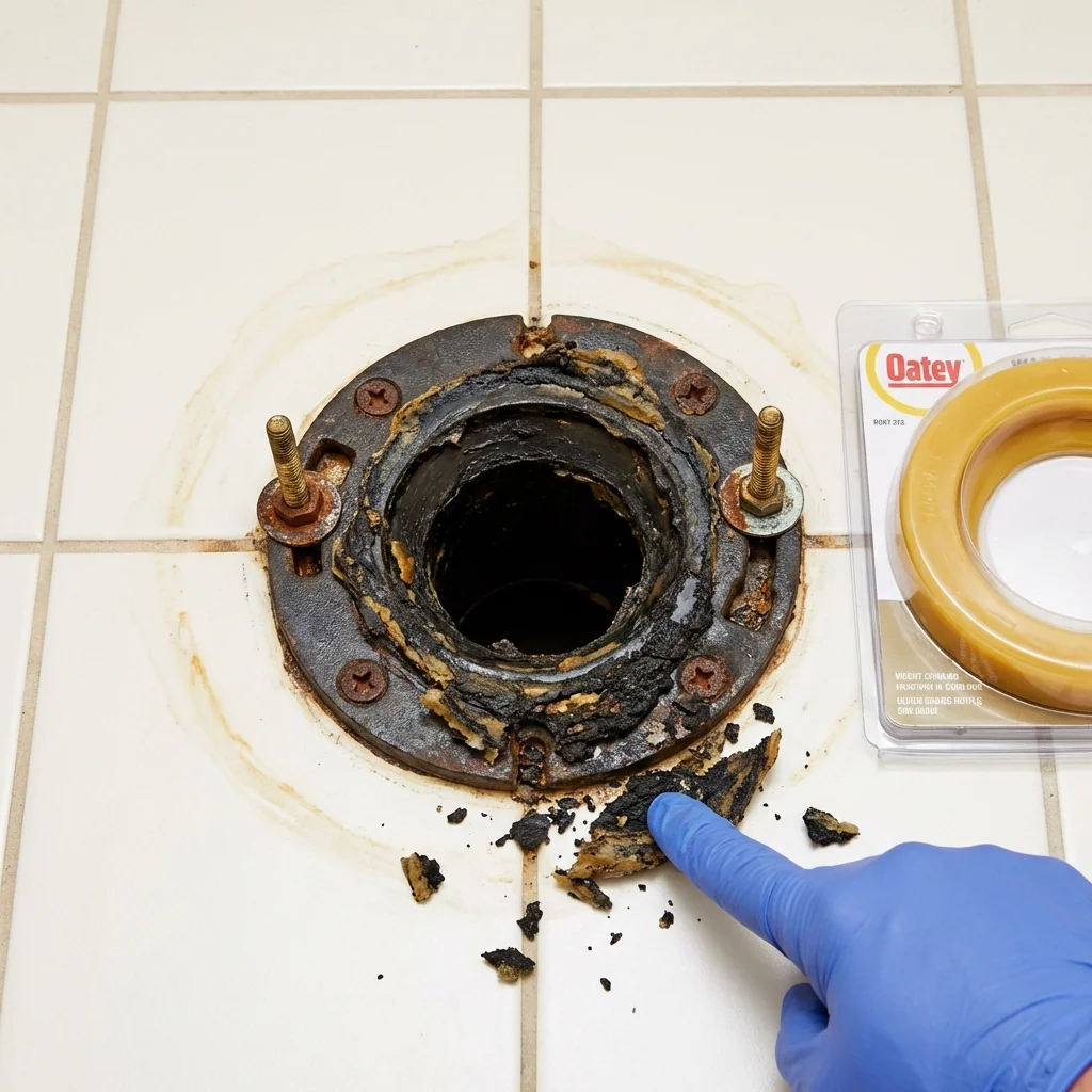 Failed wax ring showing water seepage at the base of a toilet in a Crockett, TX home