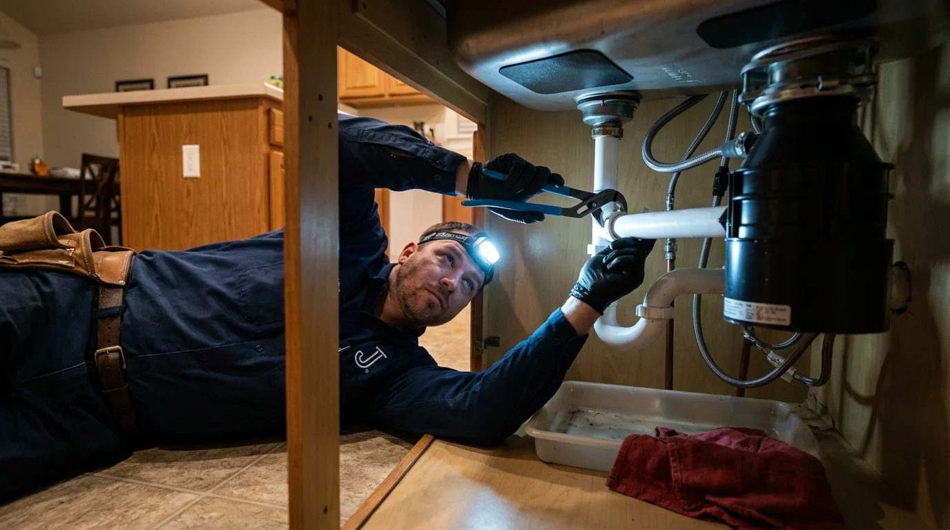 P-trap and supply line connections under a kitchen sink showing a common leak point in Crockett, TX